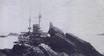 HMS Montagu aground on Shutter Rock in 1906